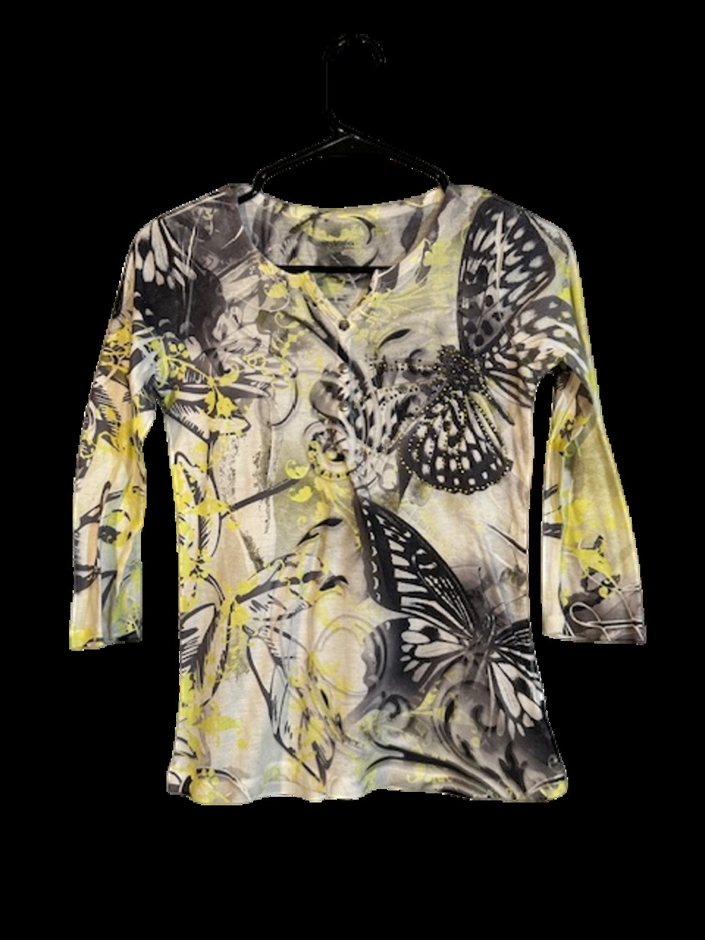 Style&Co. Yellow Black Floral 1/4 Button Henley Dressy Blouse Women Sz SP